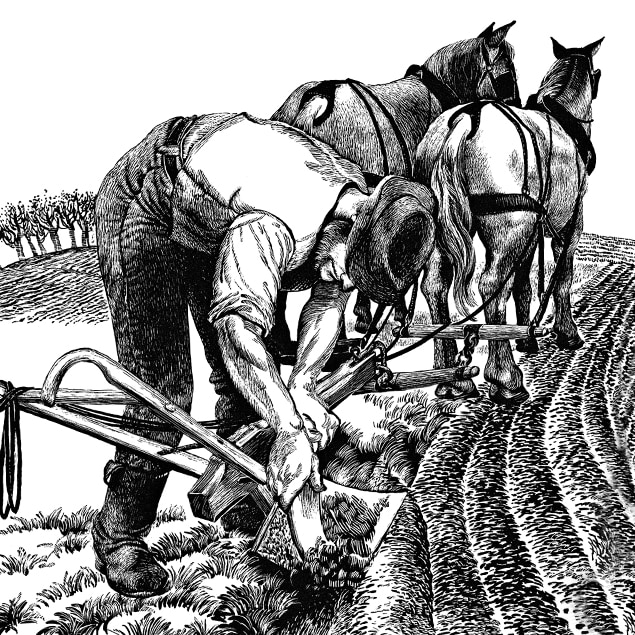 Ilustracija brazde na kojoj farmer čisti zemlju sa svog čeličnog pluga