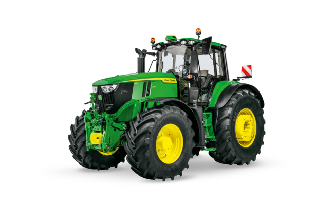 Studijska slika traktora John Deere 6M 250 sa istaknutom kabinom, osvetljenjem i robusnim prednjim polužnim sistemom