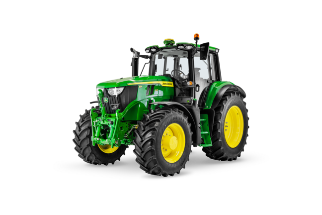 Studijska slika traktora John Deere 6M 145 sa istaknutim prednjim polužnim sistemom i kabinom velike preglednosti
