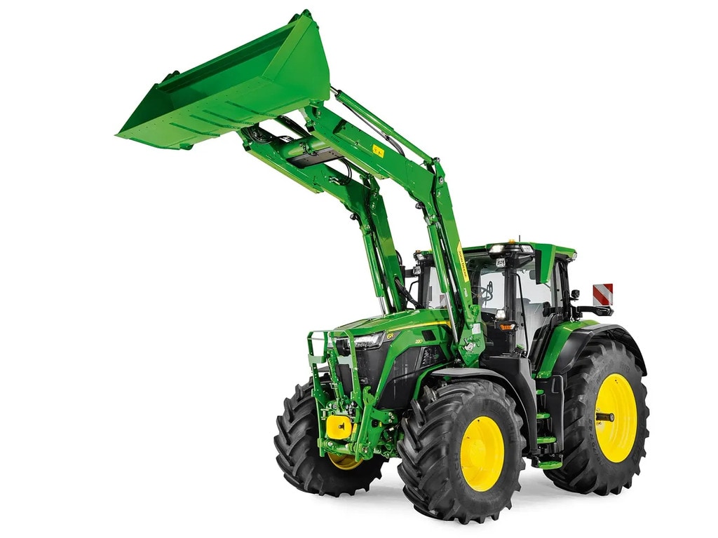 John Deere priključak za prednji utovarivač sa širokom kašikom, prikazan odvojen na beloj pozadini.